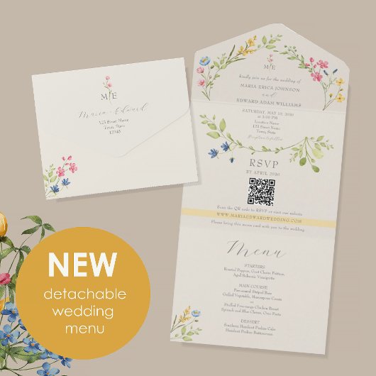 Wildflower Menu Ivory Wedding All In One Einladung