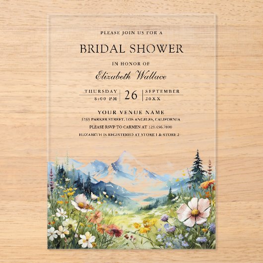 Wildflower Mountain Meadow Bridal Shower Acryleinladungen (Vorderseite)