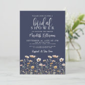 Wildflower Navy Blaue Brautparty Einladung (Stehend Vorderseite)