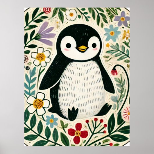 Wildflower Penguin Lovers Illustration Poster (Vorne)