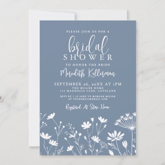 Wildflower Periwinkle Bridal Shower Einladung (Vorderseite)