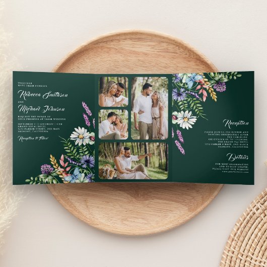 Wildflower Photo All in One Emerald Green Wedding Dreifach Gefaltete Einladung