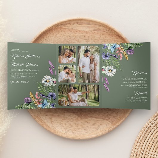 Wildflower Photo All in One Sage Green Wedding Dreifach Gefaltete Einladung
