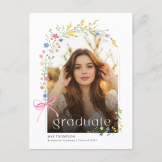 Wildflower Pink Bow Photo Graduation Announcement Postkarte
