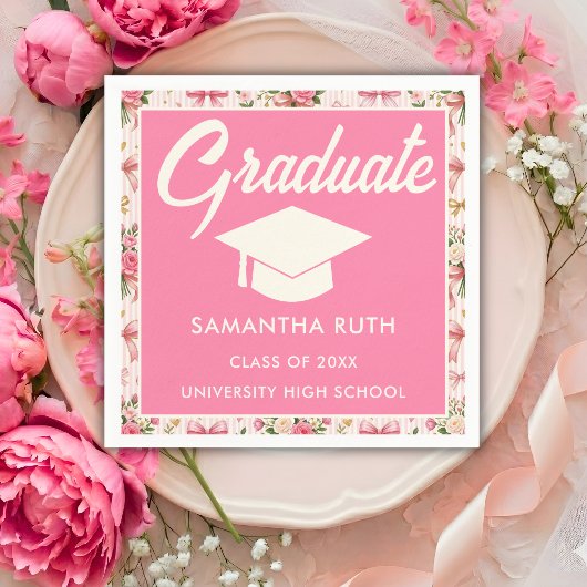 Wildflower Pink Striped Bows & Ribbons Graduation Serviette