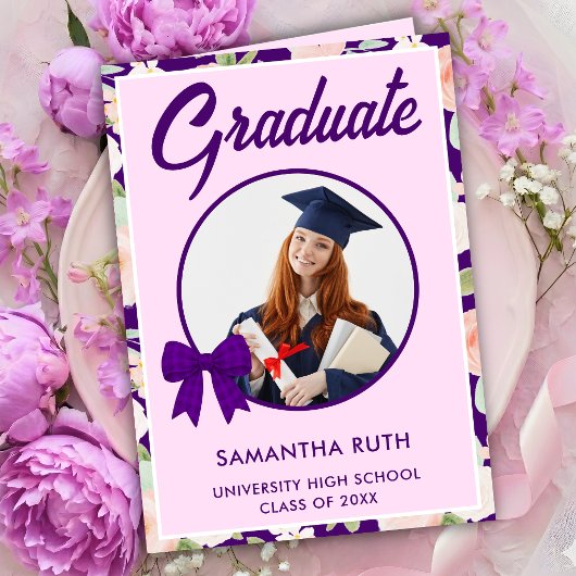 Wildflower Purple Gingham Bow Photo Graduation  Karte