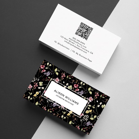 Wildflower-QR-Code Frühlingsblumen Schwarz Visitenkarte
