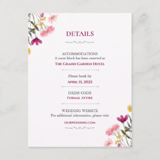 Wildflower Romance Hochzeitsdetails Karte | Pink F