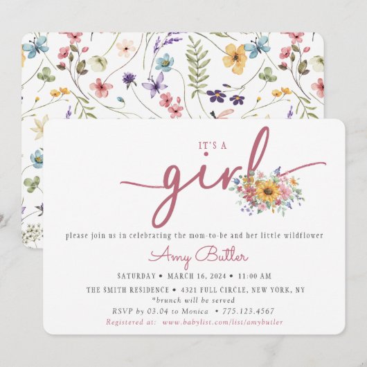 Wildflower & Rose Baby Shower Invitation Einladung (Vorne/Hinten)