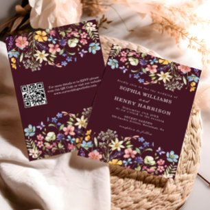 Wildflower Rustic Chic Burgunder Hochzeits-QR-Code Einladung