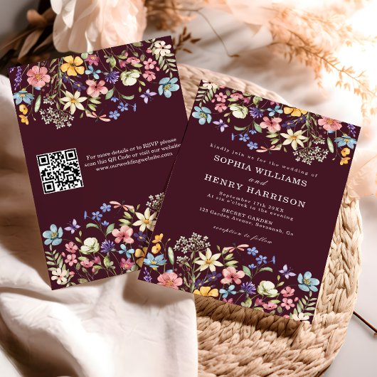 Wildflower Rustic Chic Burgunder Hochzeits-QR-Code Einladung