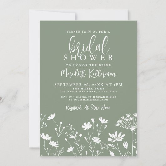 Wildflower Sage Green Bridal Shower Einladung (Vorderseite)