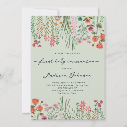 Wildflower Sage Green First Holy Communion Einladung (Vorderseite)
