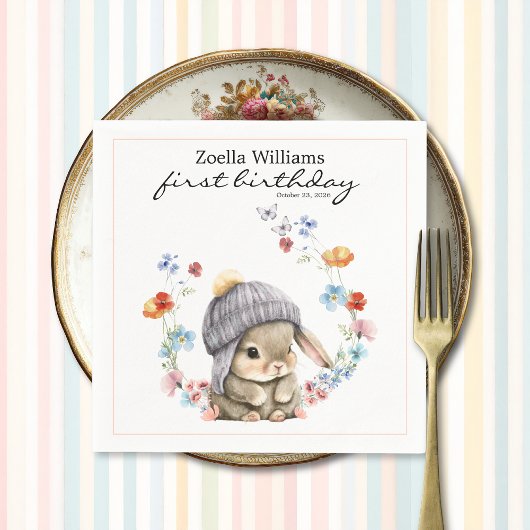 Wildflower Sweet Bunny 1st Birthday Party Napkin Serviette