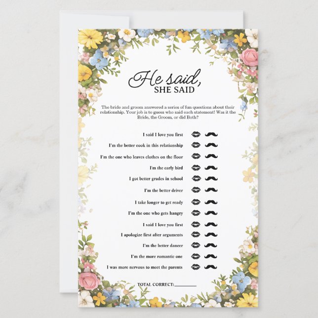 Wildflower Tea Party He Said She Said Bridal Game (Vorderseite)