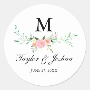Wildflower-Wasserfarben-Monogramm-Hochzeitsaufkleb Runder Aufkleber