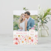 Wildflower Wedding Two Sided Thank You Photo Dankeskarte (Stehend Vorderseite)
