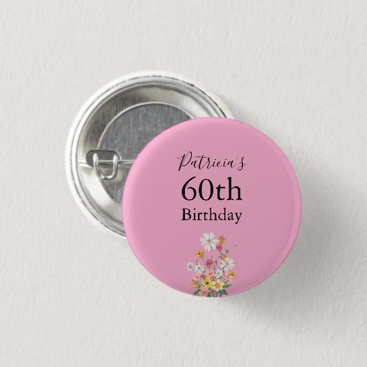 Wildflowers 60th Birthday Pink Party Button (Vorne & Hinten)
