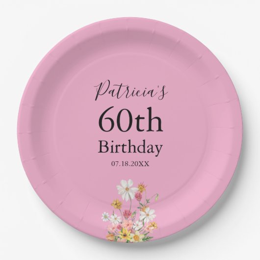 Wildflowers 60th Birthday Pink Party Pappteller (Vorderseite)