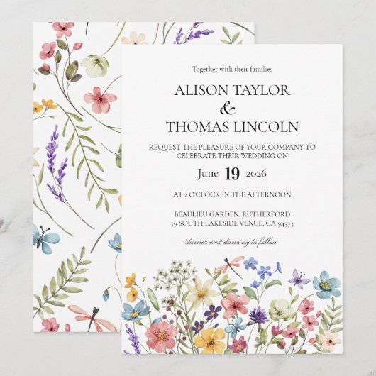 Wildflowers butterfly and dragonfly Wedding  Einladung (Vorne/Hinten)