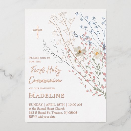  wildflowers design First Holy Communion Folieneinladung (Vorderseite)