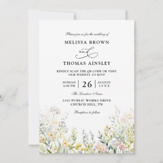 Wildflowers Elegant Modern Budget QR Code Wedding Einladung (Vorderseite)
