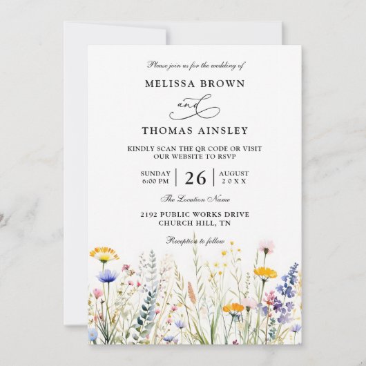 Wildflowers Elegant Modern Budget QR Code Wedding Einladung (Vorderseite)