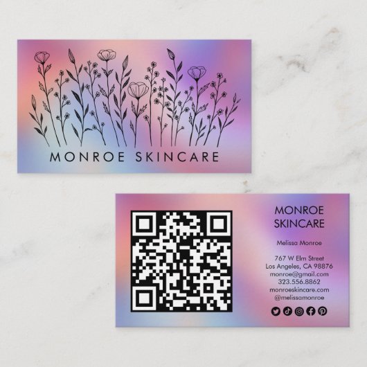 Wildflowers Elegant Rainbow QR Code Social Icons  Visitenkarte (Vorne/Hinten)