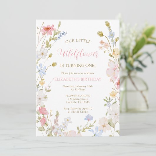 Wildflowers elegant Spring First Birthday Einladung (Stehend Vorderseite)
