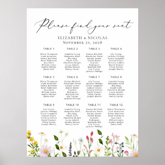 Wildflowers Elegant Wedding Seating Chart Poster (Vorne)