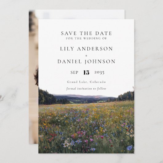 Wildflowers Floral Meadow Photo Wedding Save The Date (Vorne/Hinten)