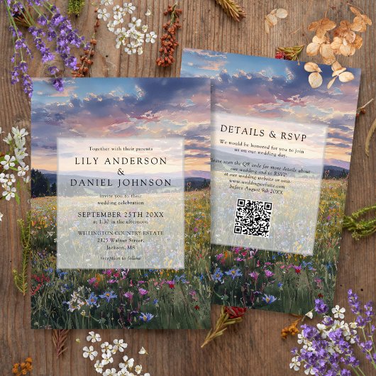Wildflowers Floral Meadow QR Code Wedding Einladung