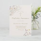 wildflowers grey beige background First Communion Einladung (Stehend Vorderseite)