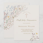 wildflowers grey beige background First Communion Einladung (Vorne/Hinten)