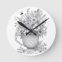 Wildflowers & Honey Bee Ink Art Wall Clock