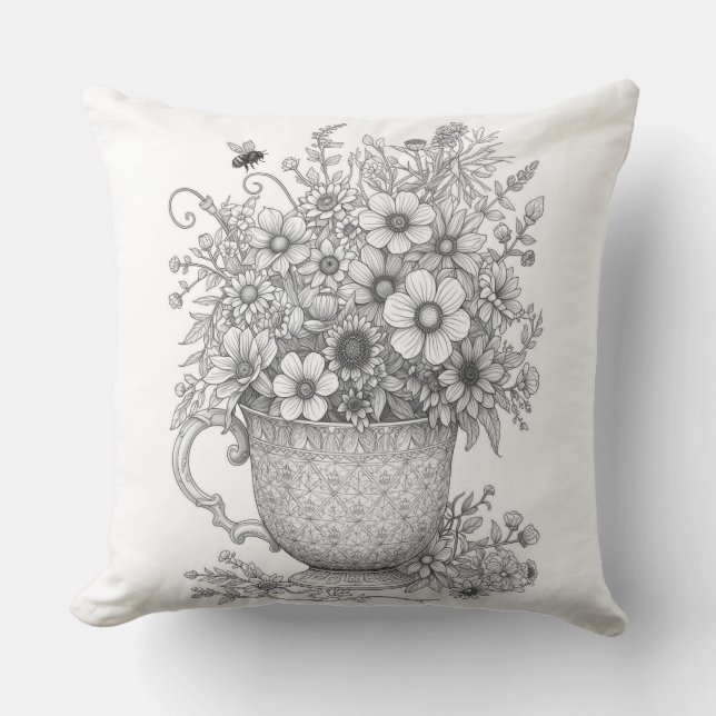Wildflowers & Honey Bee Ink Sketch Throw Pillow Kissen (Vorderseite)