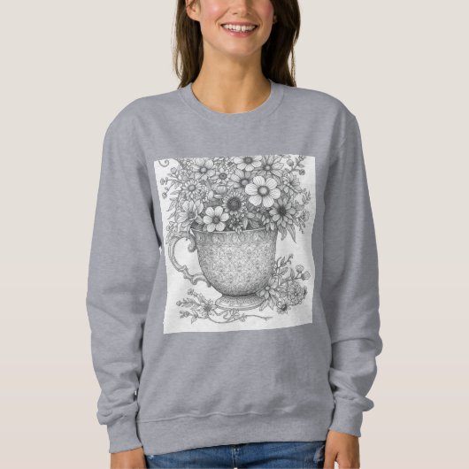 Wildflowers in Vintage Teacup Ink Illustration Hoo Sweatshirt (Vorderseite)