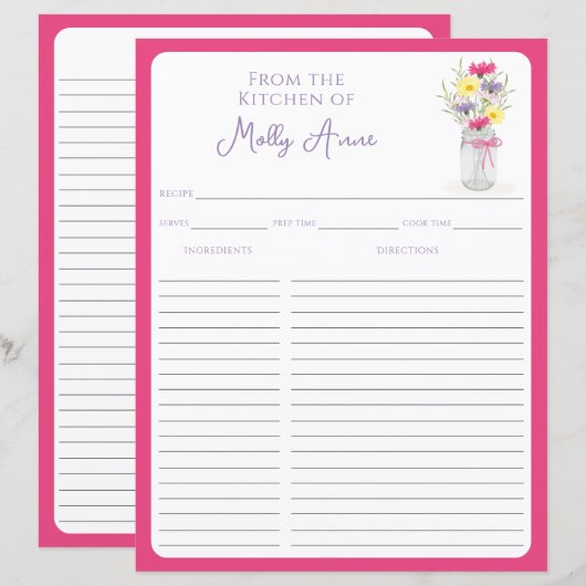 Wildflowers Mason Jar Pink Country Recipe Sheets (Vorne/Hinten)