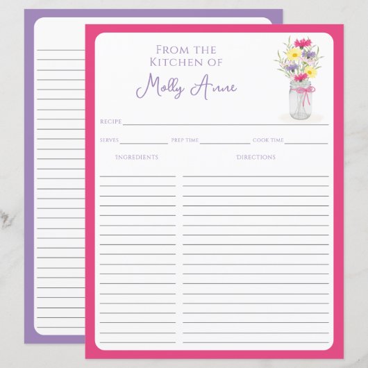 Wildflowers Mason Jar Pink & Purple Recipe Sheets (Vorne/Hinten)