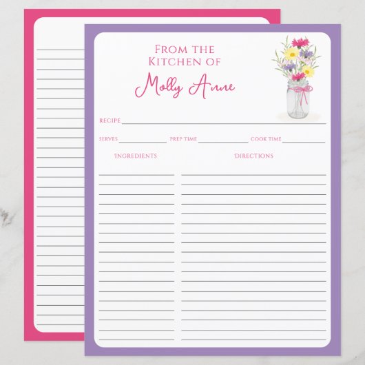 Wildflowers Mason Jar Purple & Pink Recipe Sheets (Vorne/Hinten)