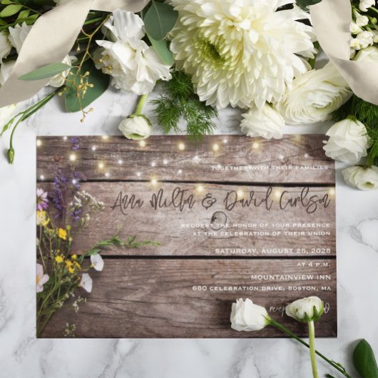 Wildflowers on Wood String Lights Rustic Wedding Einladung