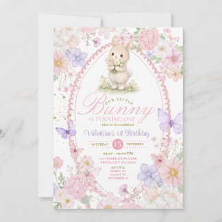 Wildflowers Pink Bunny First Birthday Invitation Einladung