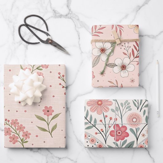 Wildflowers Pink Pastel Botanical Garden Floral Geschenkpapier Set (Vorderseite)
