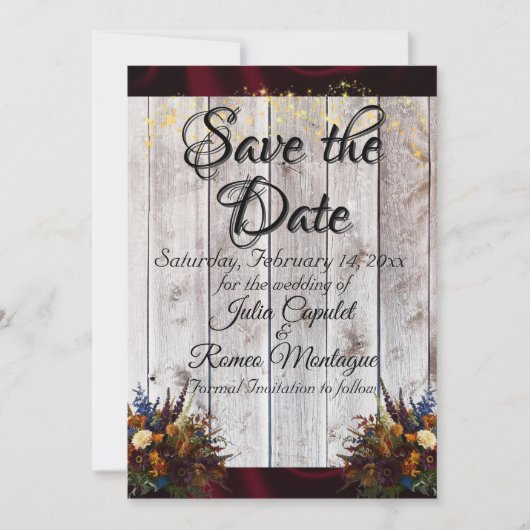 Wildflowers, Ribbon & Lights - Burgundy Save The Date (Vorderseite)