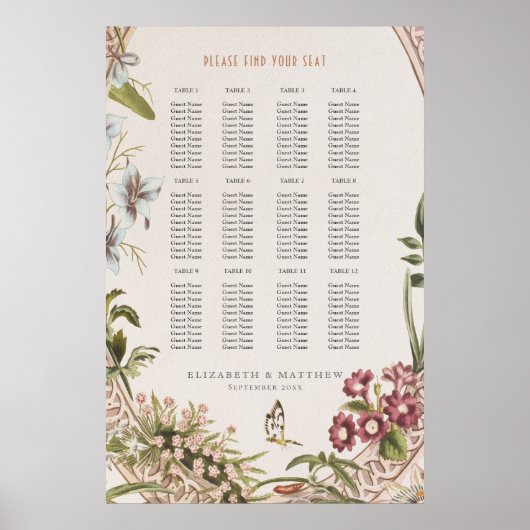Wildflowers Seating Chart Vintage Wedding Poster (Vorne)