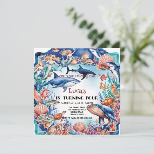 Wildhai-Geburtstag Einladung (Stehend Vorderseite)