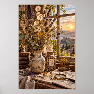 Wildkräuter-Botanisches Stilleben am Sonnenunterga Poster