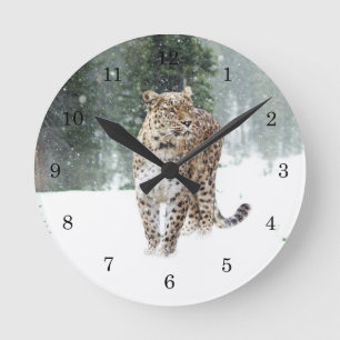 Wildleopard im Schnee Runde Wanduhr