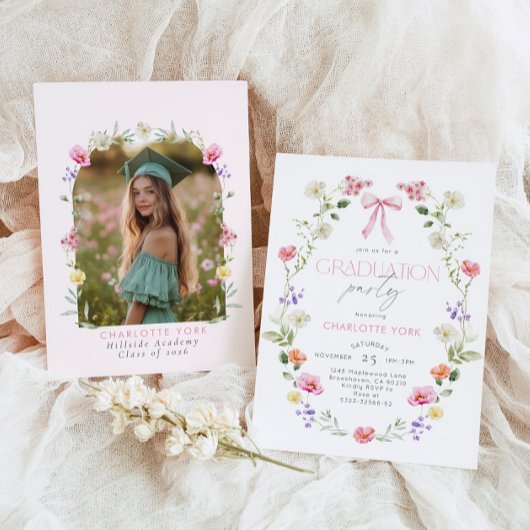 Wildlfower Graduation party Pink Bow Einladung