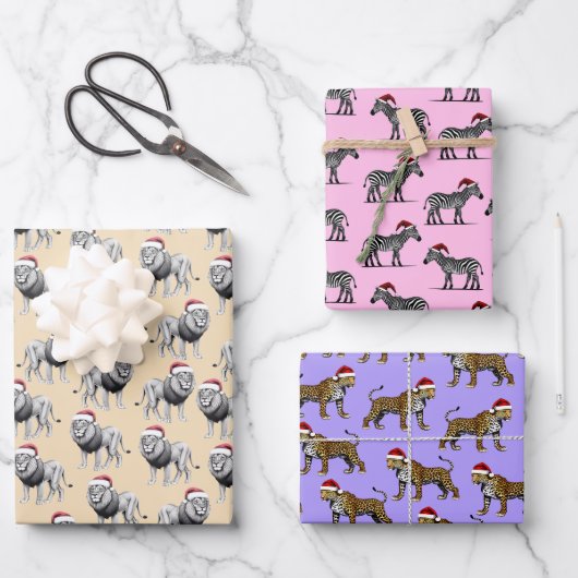 Wildlife Animal Leopard Lion Zebra Weihnachten Geschenkpapier Set (Vorderseite)